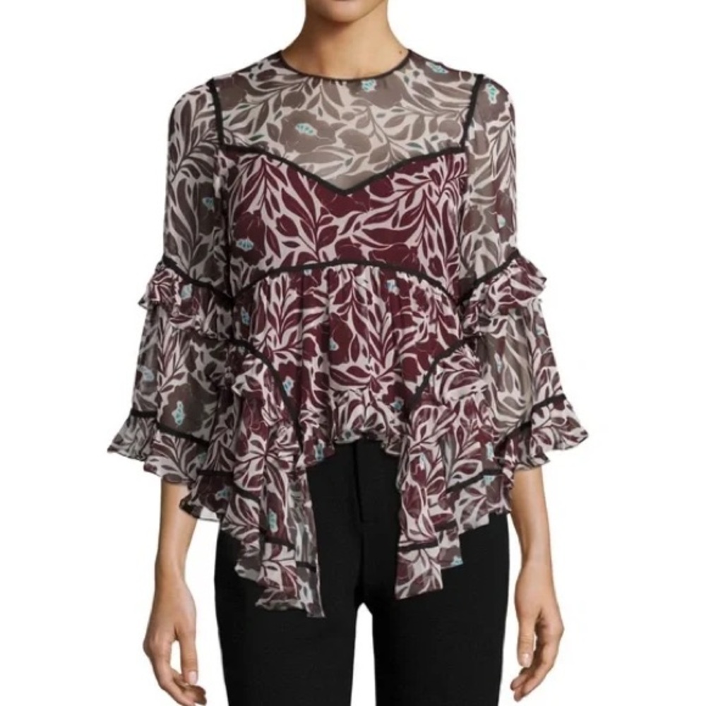 Cinq a Sept 100% Silk Melodie Woodcut Floral Top Blouse Chiffon Brown Blue XS